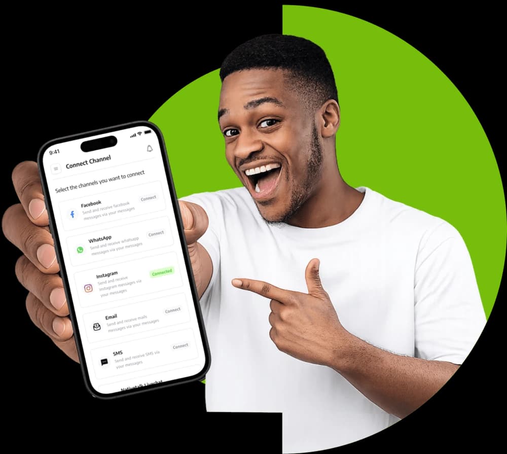 A NativeTalk user pointing at the app's Connect Channel screen