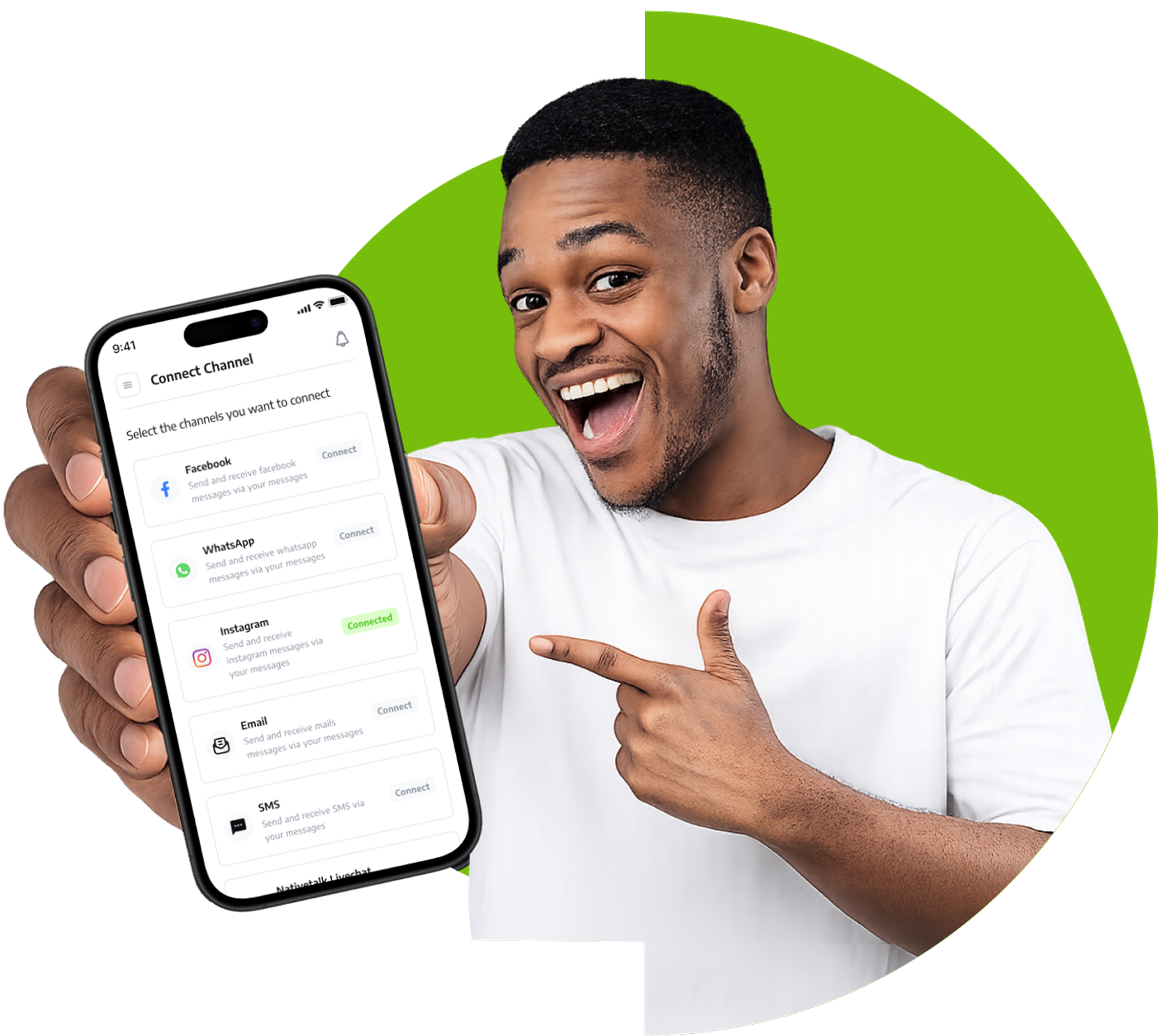 A NativeTalk user pointing at the app's Connect Channel screen